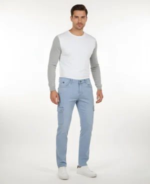 Men's Slim-Fit Light Blue Cotton Cargo Trousers – Casual Utility Pants | John Vesture