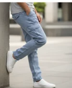 Men's Slim-Fit Light Blue Cotton Cargo Trousers – Casual Utility Pants | John Vesture