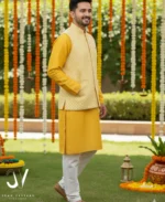 Sunshine Yellow Kurta Set with Designer Nehru Coati | John Vesture - Image 2